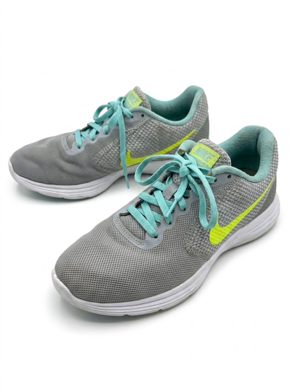 Nike Grey Mesh Sneakers with Teal Laces and Neon Yellow Swoosh
